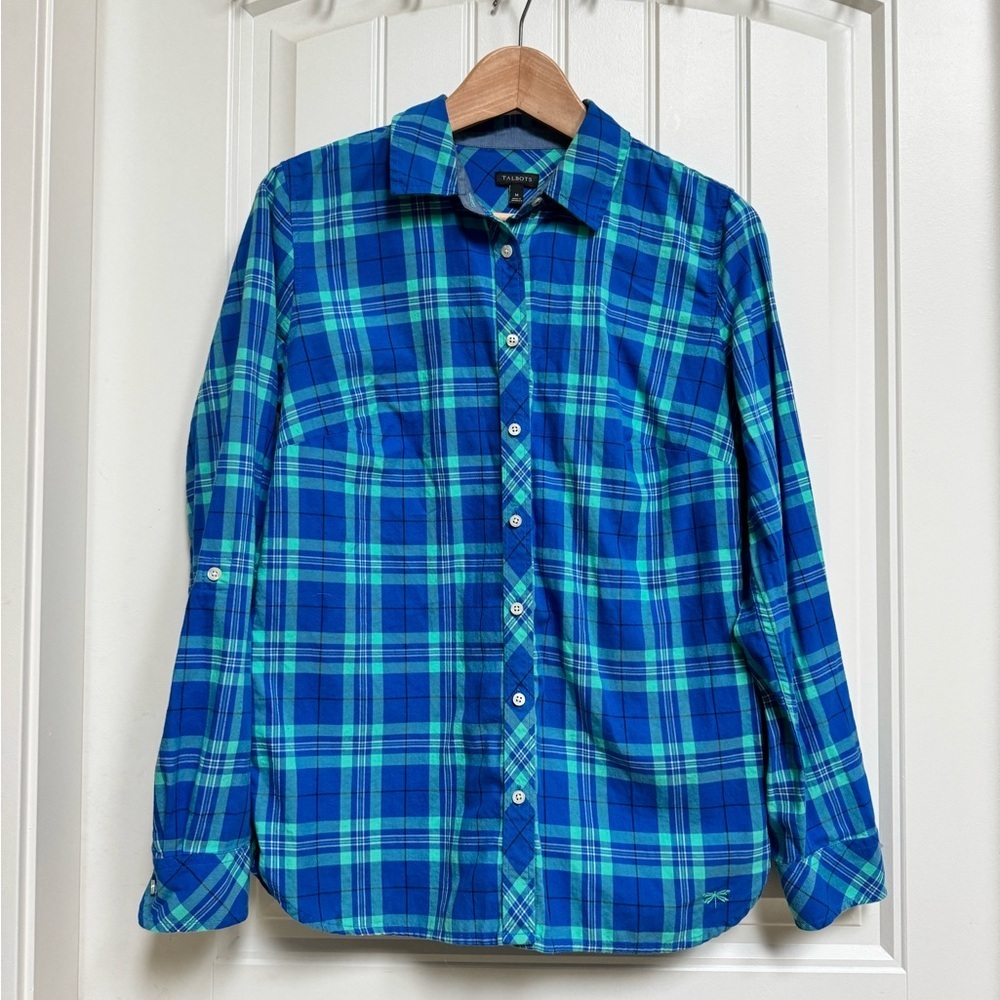 Talbots 100% Cotton Blue and Green Plaid Button Down with Adjustable Sleeve. M